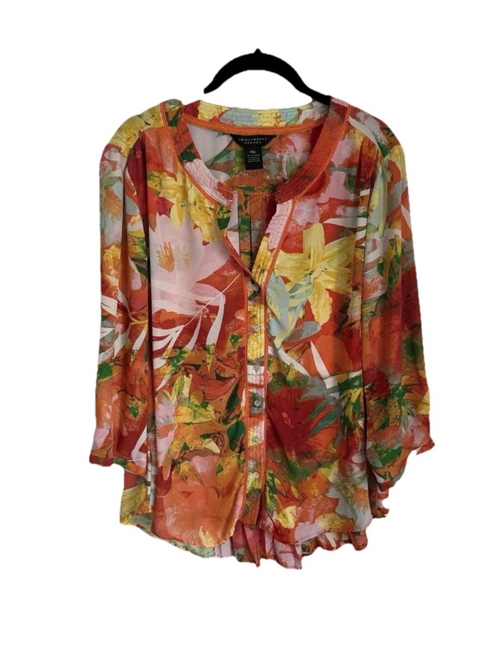 Investments Womens Petite XL Pleated Crochet Orange Floral Top Resortwear Office